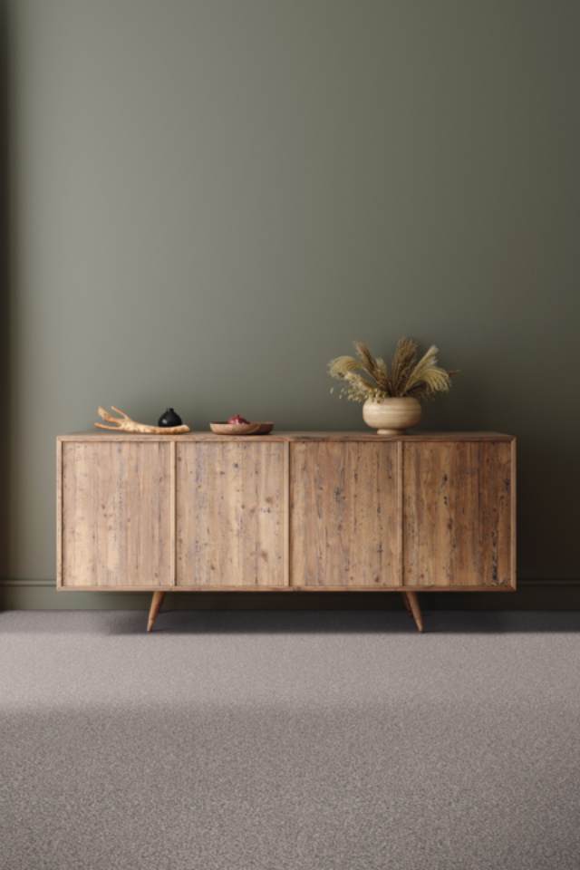 Sage green accent wall with wood console table and grey carpet.